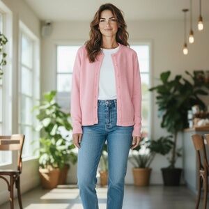 Vintage Talbott Traveler pink dacron polyester cardigan sweater, women's medium